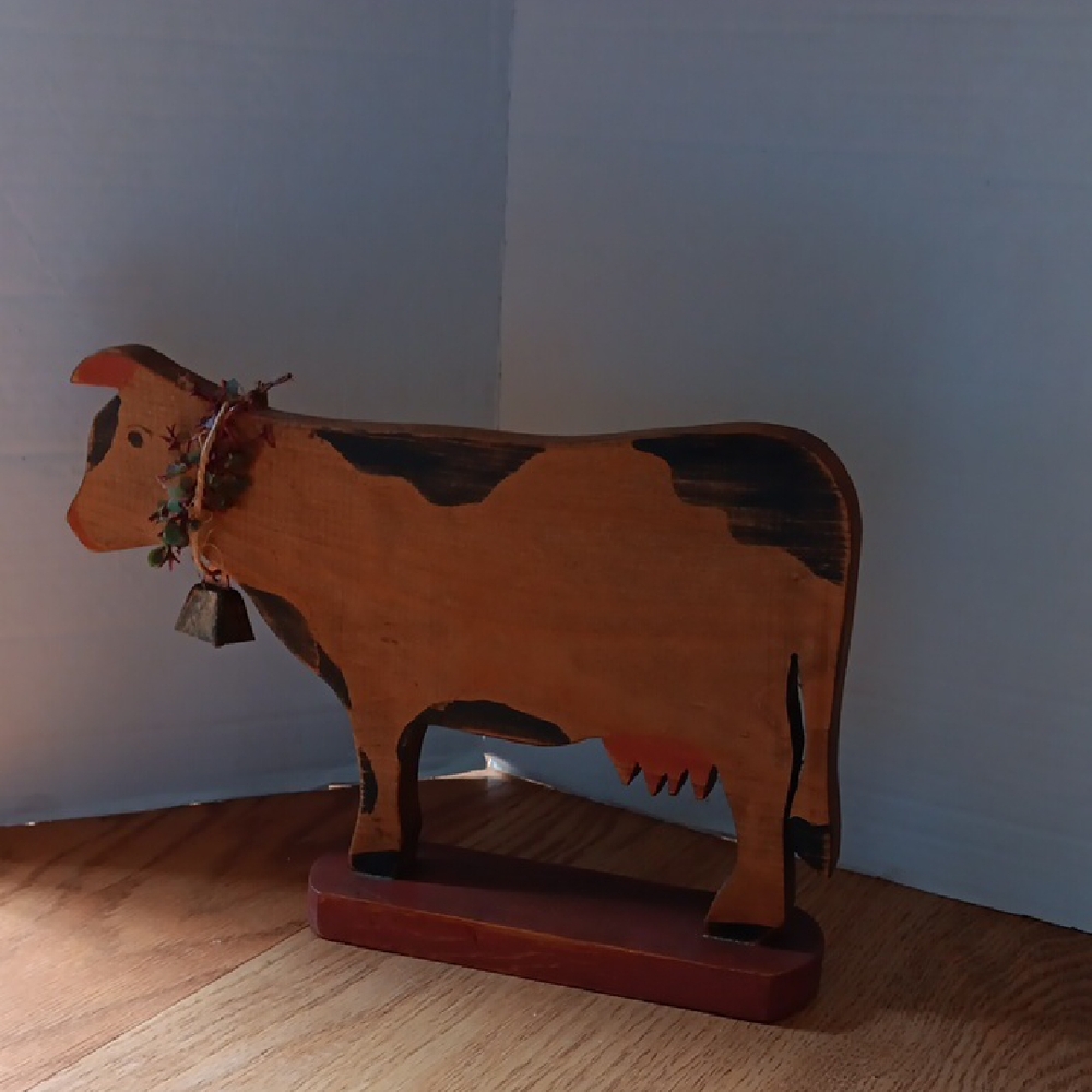 Wooden Cow Figurine with Bell